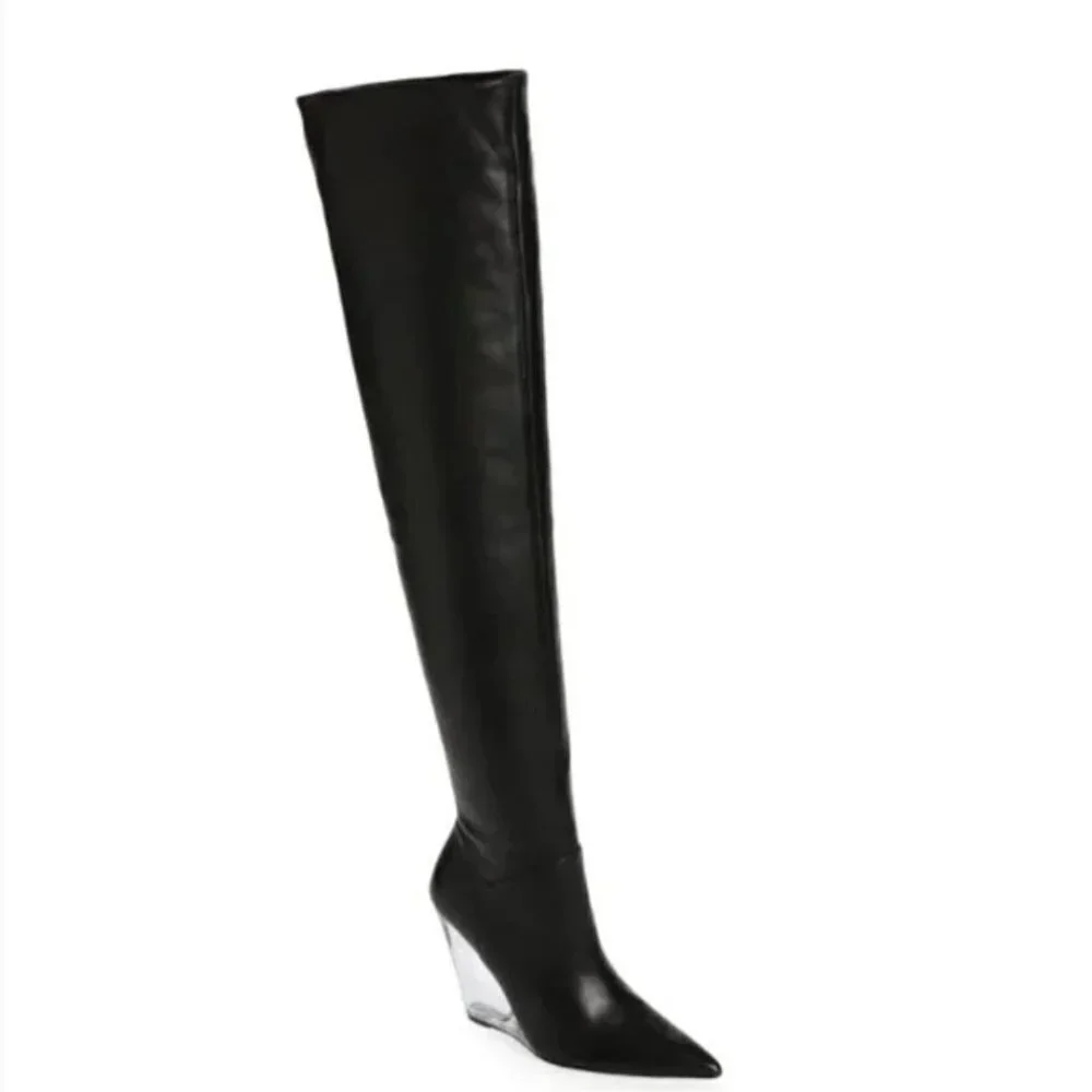 Stuart Weitzman Black Leather Lucite Wedge Over the Knee Boots
