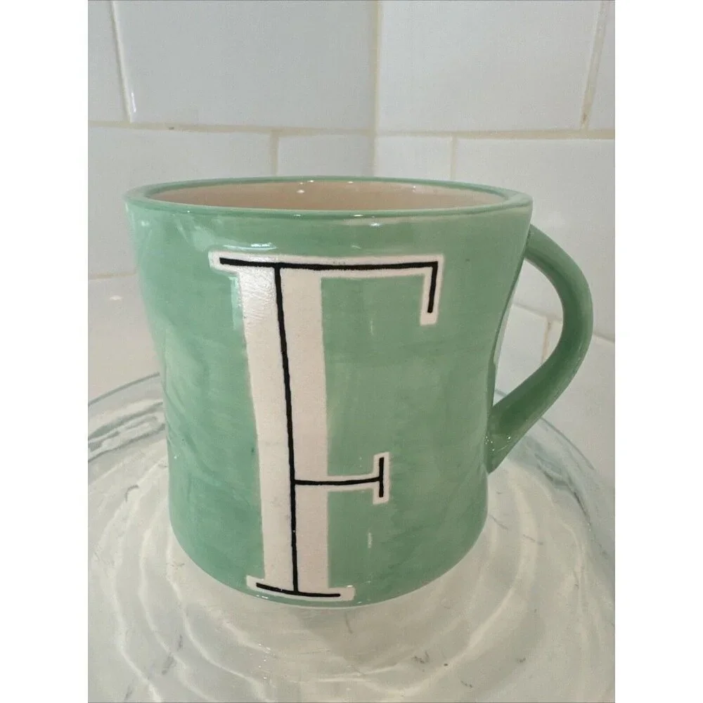 ANTHROPOLOGIE COFFEE TEA CUP MUG GREEN WITH LETTER F 12 OZ