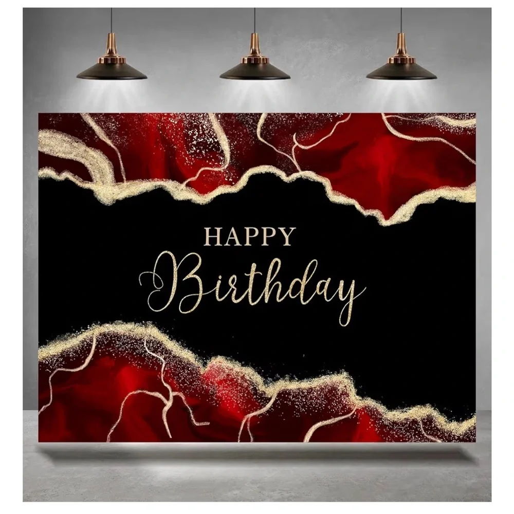 Elegant Red & Black 'Happy Birthday' Backdrop with Gold Accents