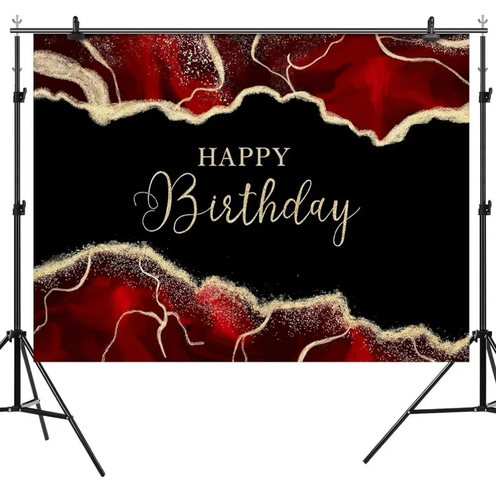 Happy Birthday Marble Black and Red Backdrop premium birthday