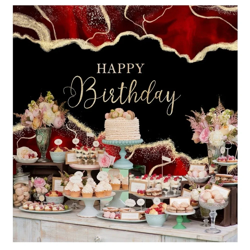 Happy Birthday Marble Black and Red Backdrop premium birthday