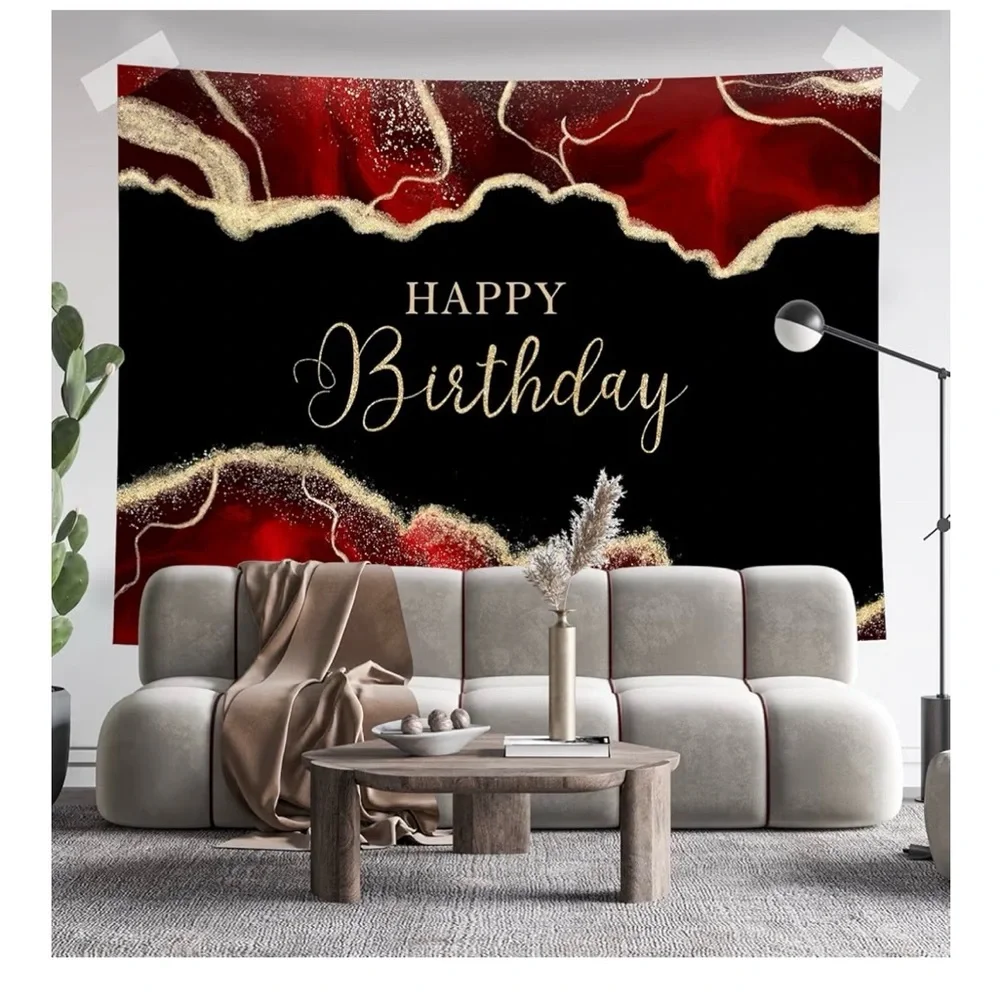 Happy Birthday Marble Black and Red Backdrop premium birthday