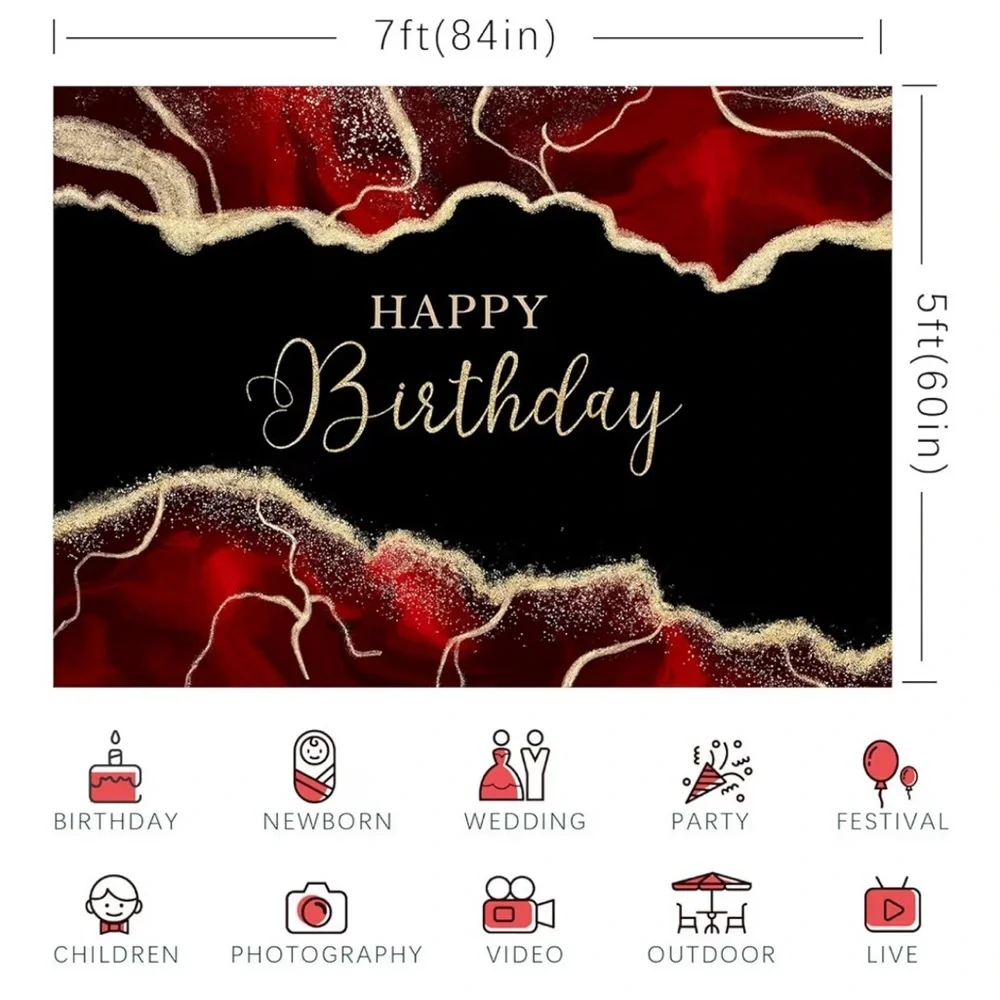 Happy Birthday Marble Black and Red Backdrop premium birthday