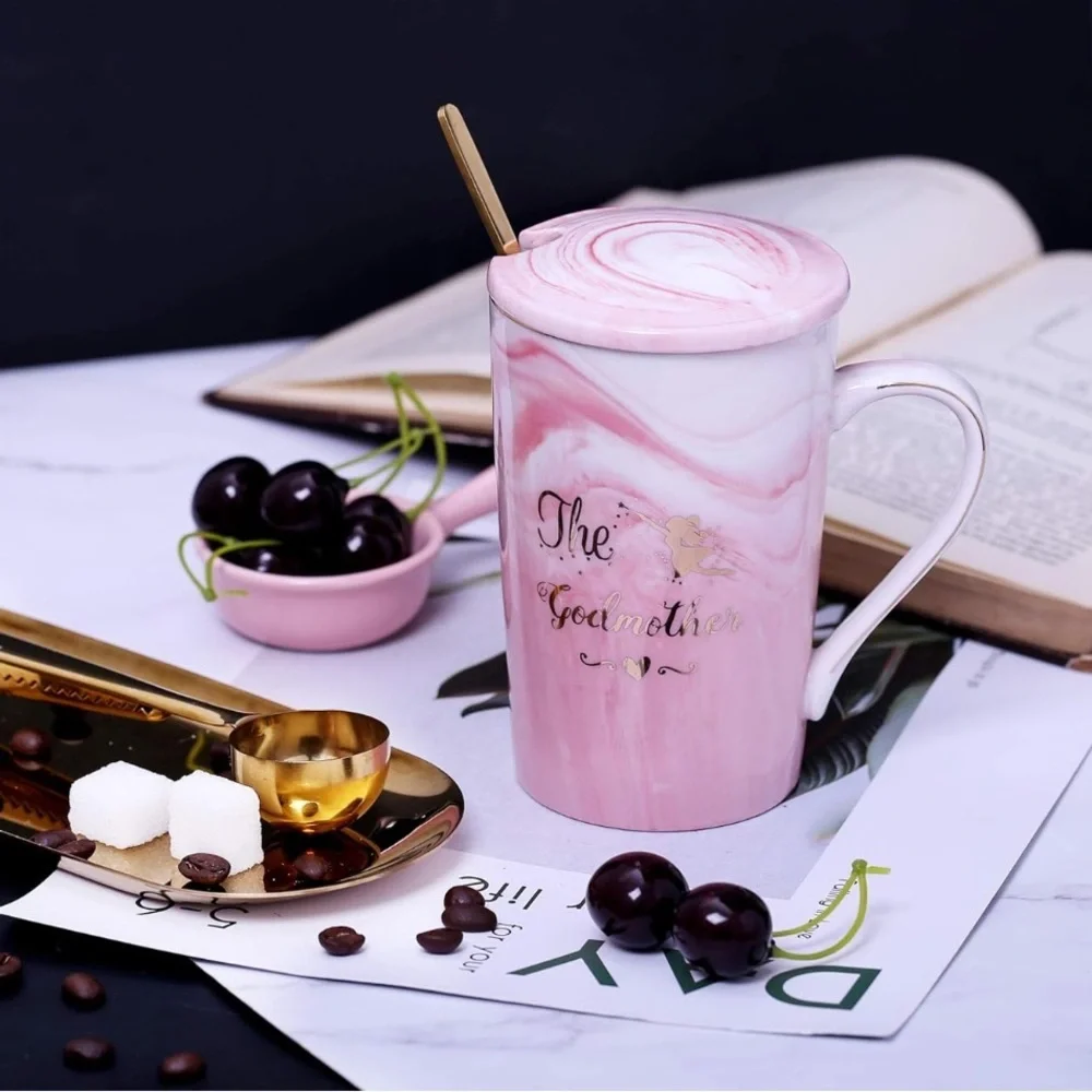Chic Pink Marble Godmother Mug with Gold Spoon