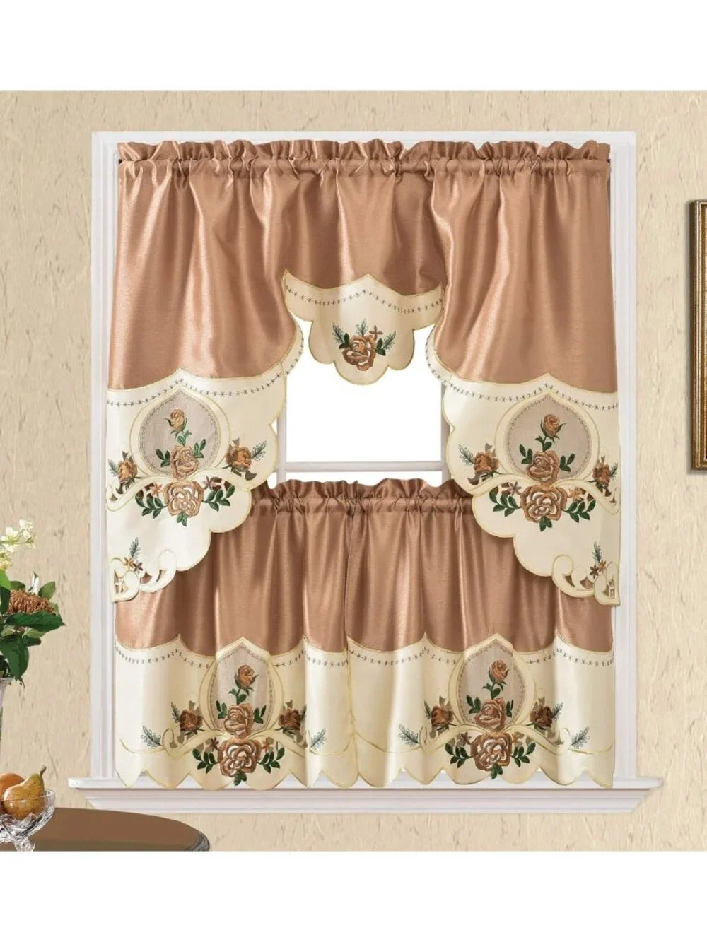 Rose Melody Kitchen Curtain Set - 3pcs Swag & 24