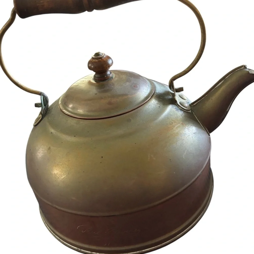 VTG Revere Ware Brass Copper Tea Pot Wood Handle Patina Collectible 7”W 8.5”H