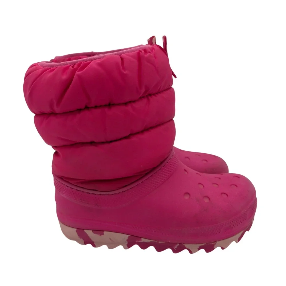 Crocs Kids Neo Puff Shorty Boot Electric Pink Puffer Snow Boots 207684 Size J2