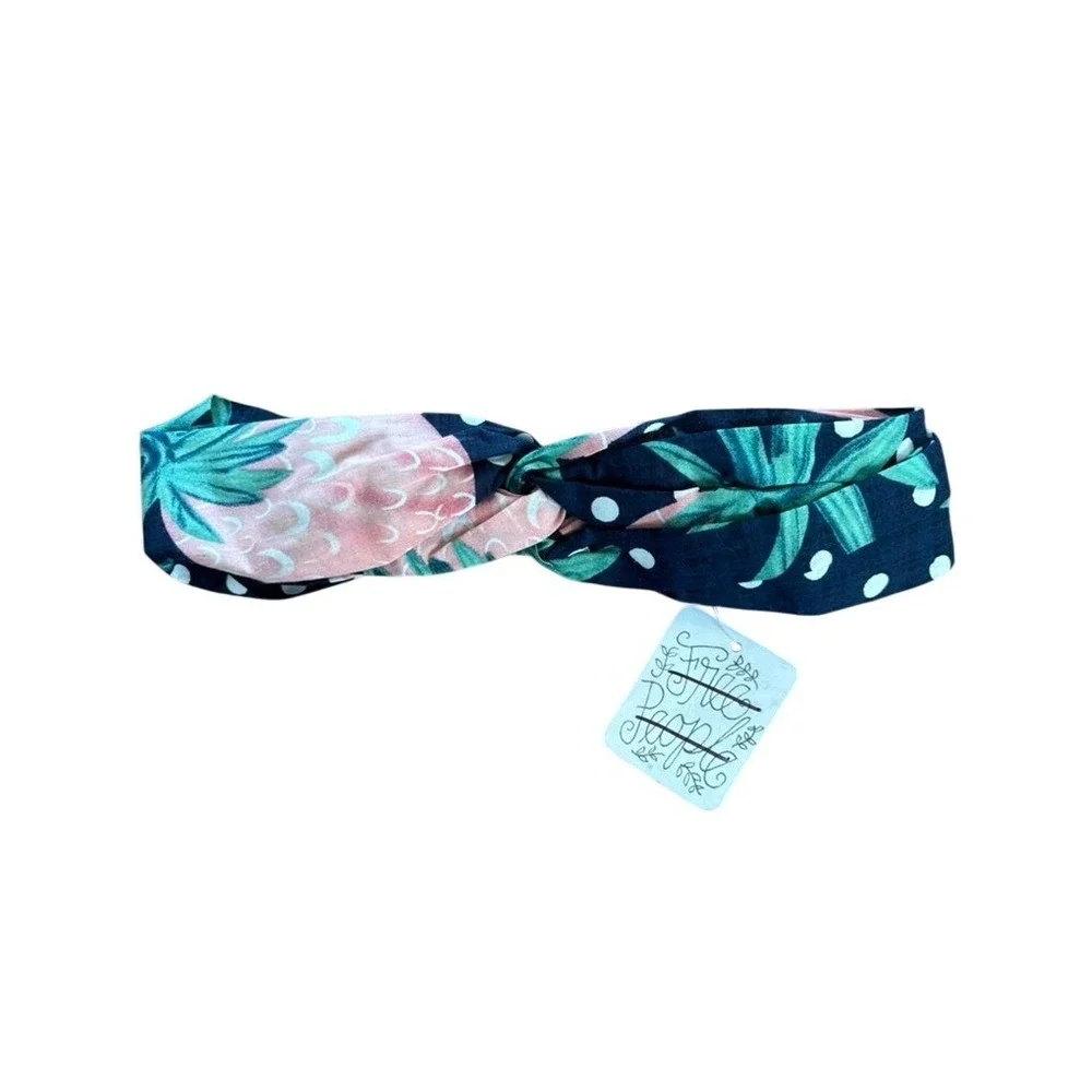 NWT Free People Headband Womens OS Navy Pink Pineapple Polka Dot Twist Front‎