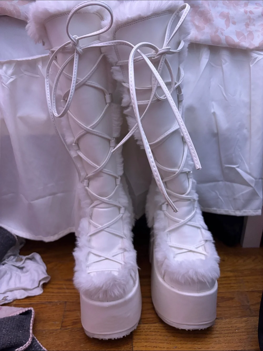 Demonia White Faux-Fur Lace-Up Platform Knee Boots
