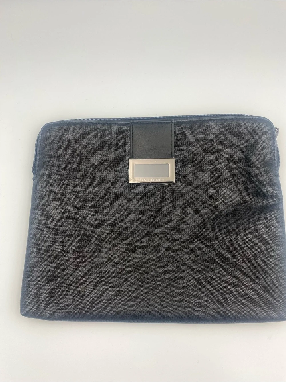 Bulgari Black Textured Cosmetic Pouch with Metal Plate
