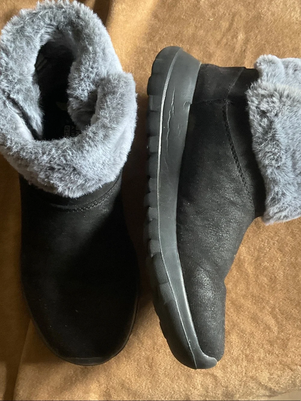Skechers Women's Black Suede Winter Ankle Boots with Gray Faux-Fur Cuff