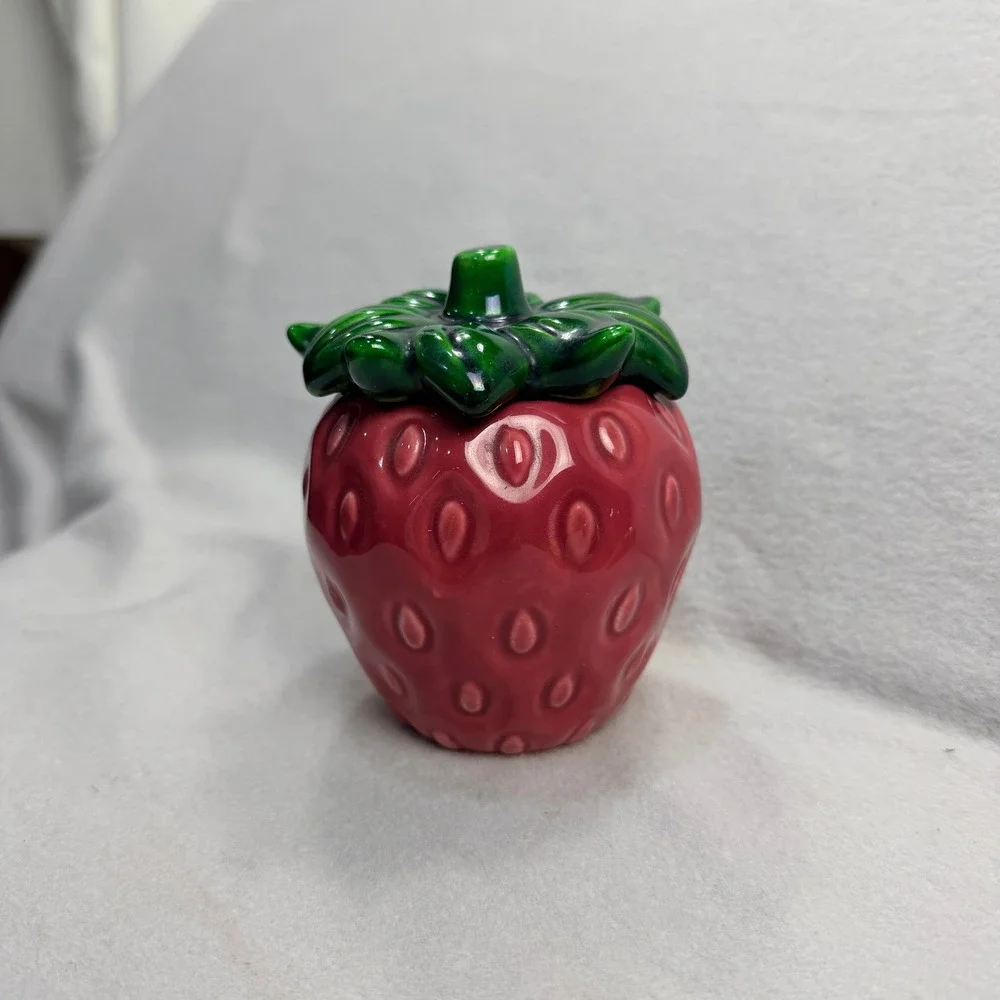 Vintage Occupied Japan Strawberry Ceramic Jam Jar Sugar Bowl Red Green Glossy