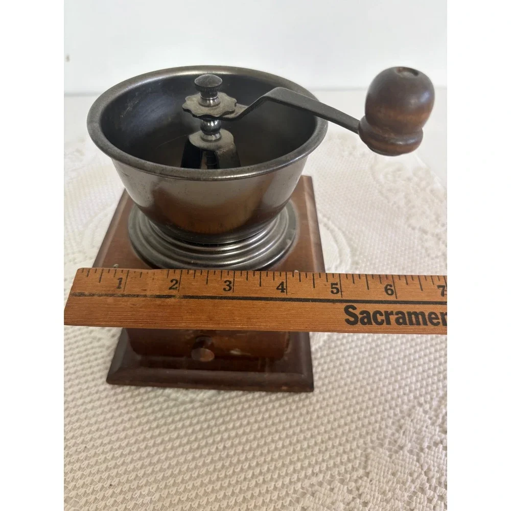 Vintage Manual Coffee Grinder Hand Crank Wood Base Metal Hopper Rustic Decor