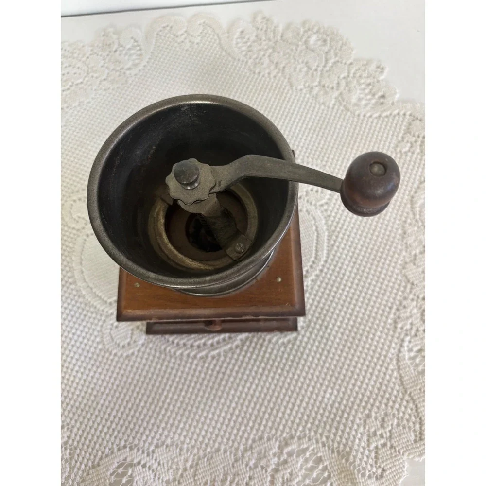 Vintage Manual Coffee Grinder Hand Crank Wood Base Metal Hopper Rustic Decor