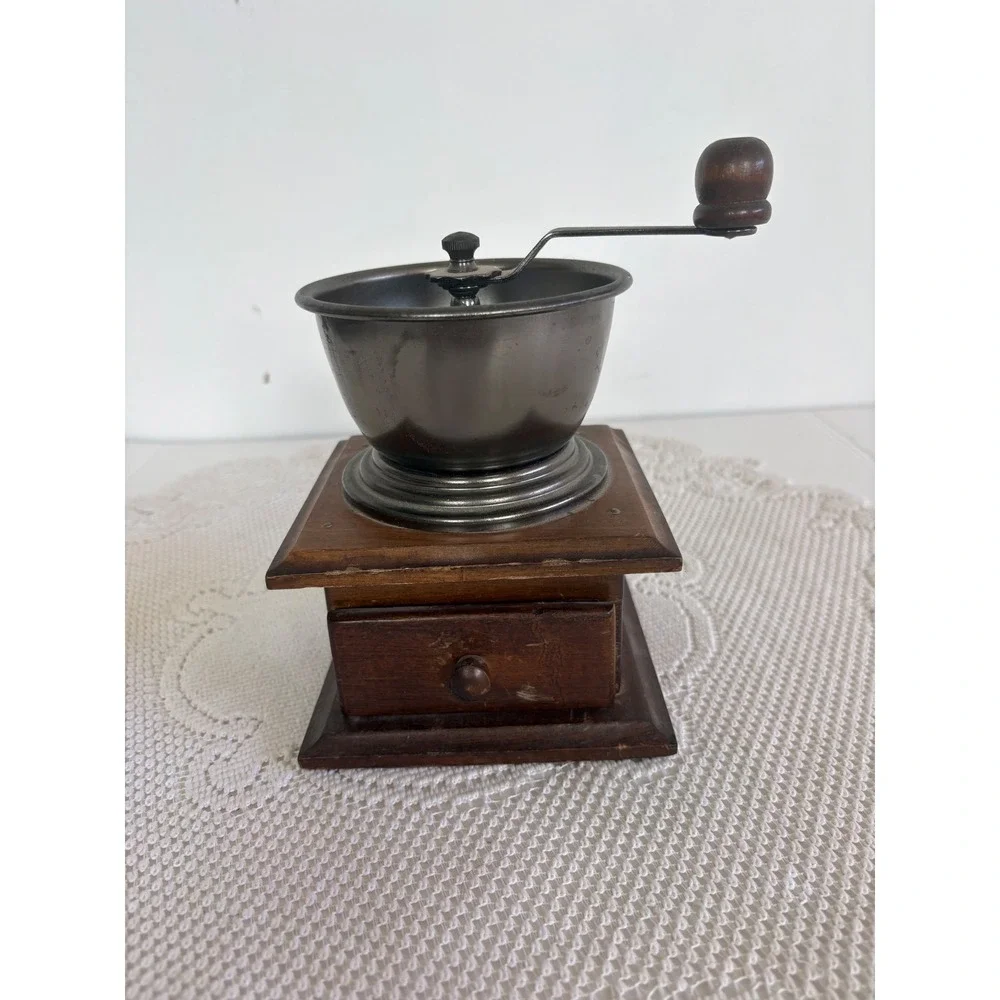 Vintage Manual Coffee Grinder Hand Crank Wood Base Metal Hopper Rustic Decor