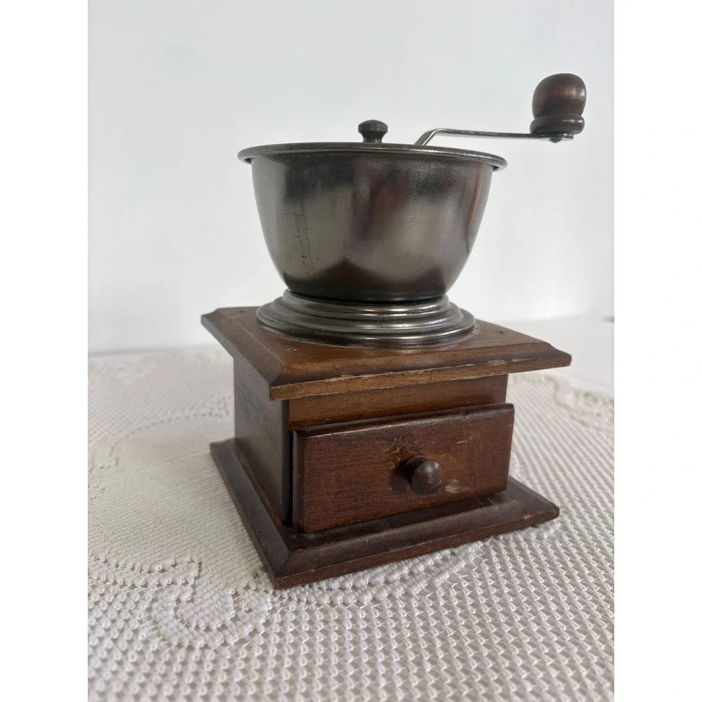 Vintage Manual Coffee Grinder Hand Crank Wood Base Metal Hopper Rustic Decor
