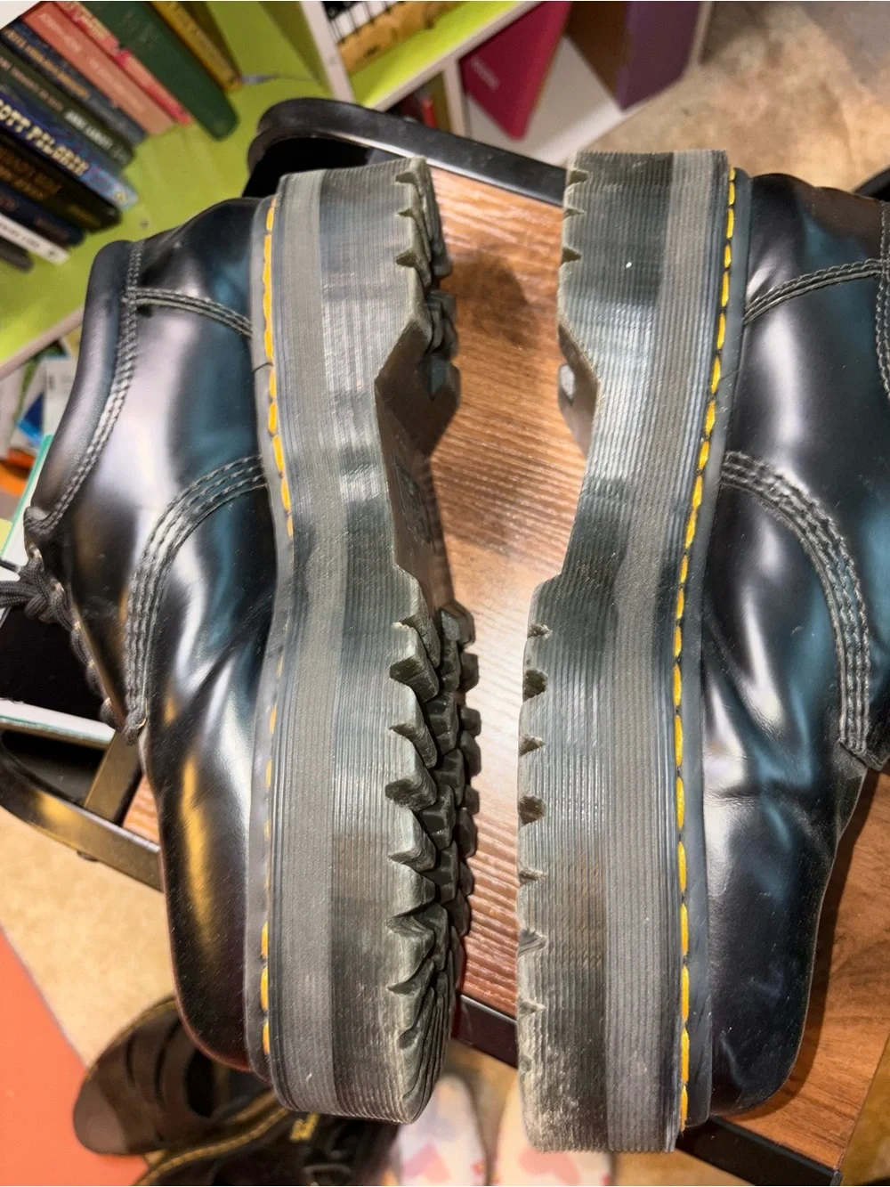 Dr. Martens Black Platform Lace-Up Shoes with Yellow Stitching