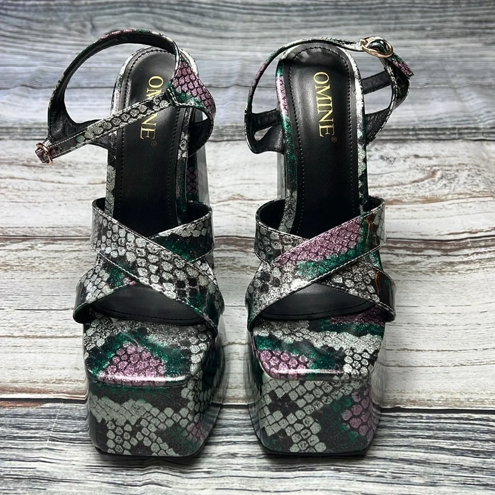 OMINE Women’s Platform 6.5” Heels – Purple/Silver/Green/Black – Size 6