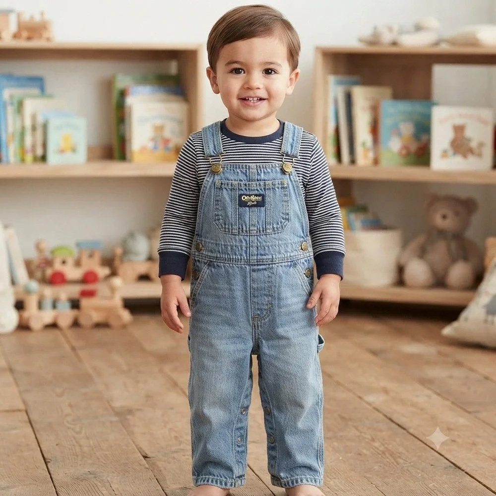 OshKosh Bgosh Toddler Size 24M Denim Bib Overalls Boys Blue Carpenter Snap Leg