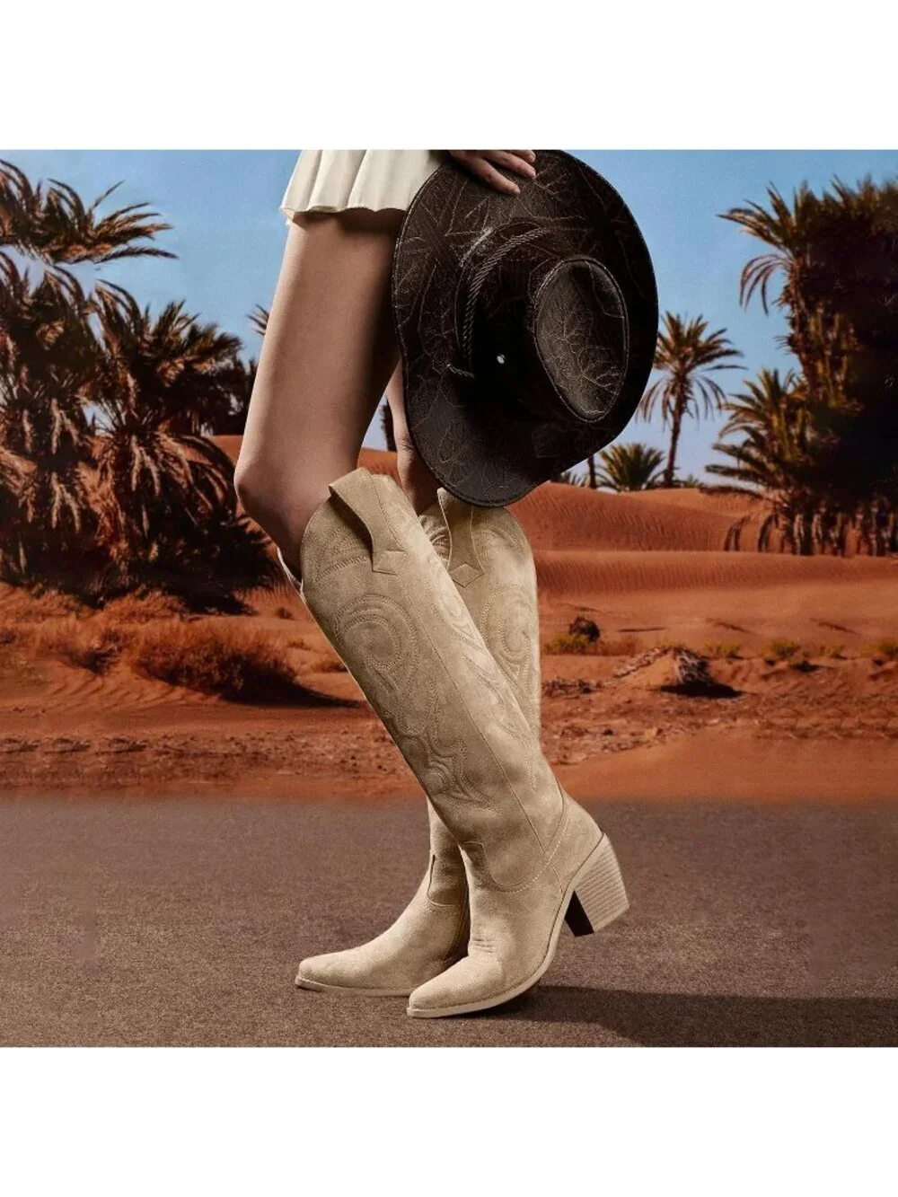 Women's apricot Western Knee High Cowgirl Boots Zipper Convenience Casual Wear