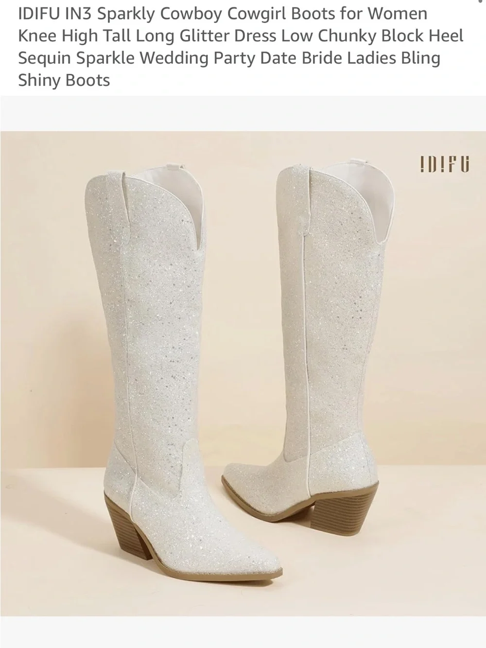 White Sparkle Knee-High Cowboy Boots