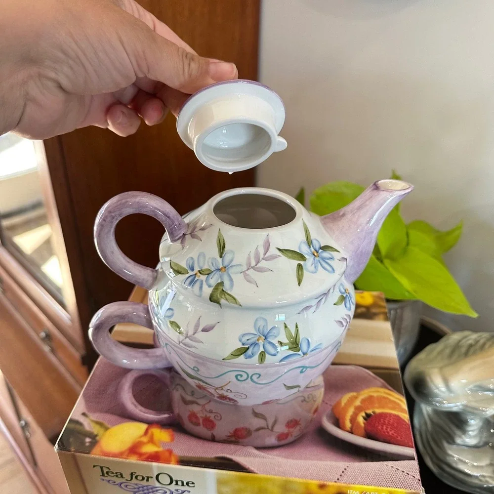 NEW VTG Tea for One Ceramic Nesting Teapot & Cup Set Floral Purple Blue Painted