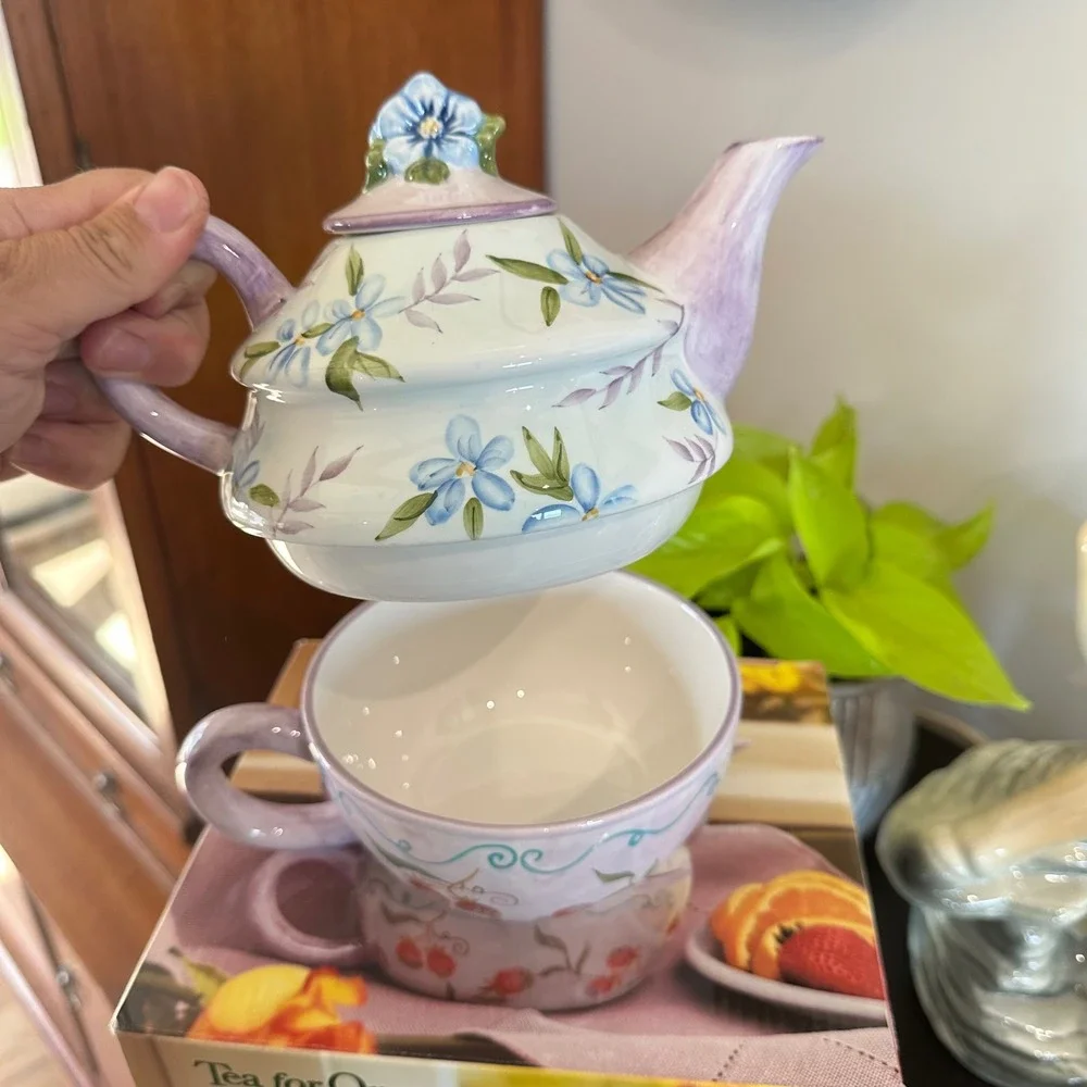 NEW VTG Tea for One Ceramic Nesting Teapot & Cup Set Floral Purple Blue Painted