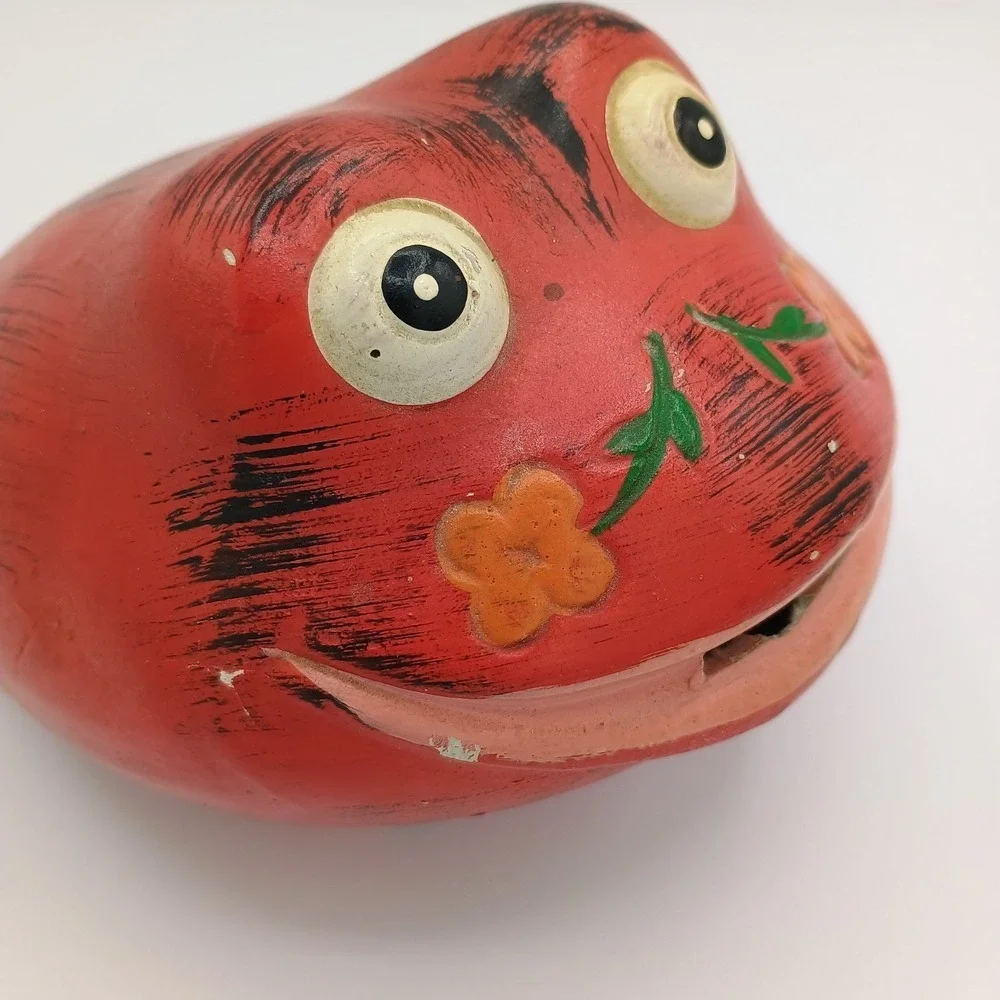 Vintage Painted Red Frog Coin Bank Resin