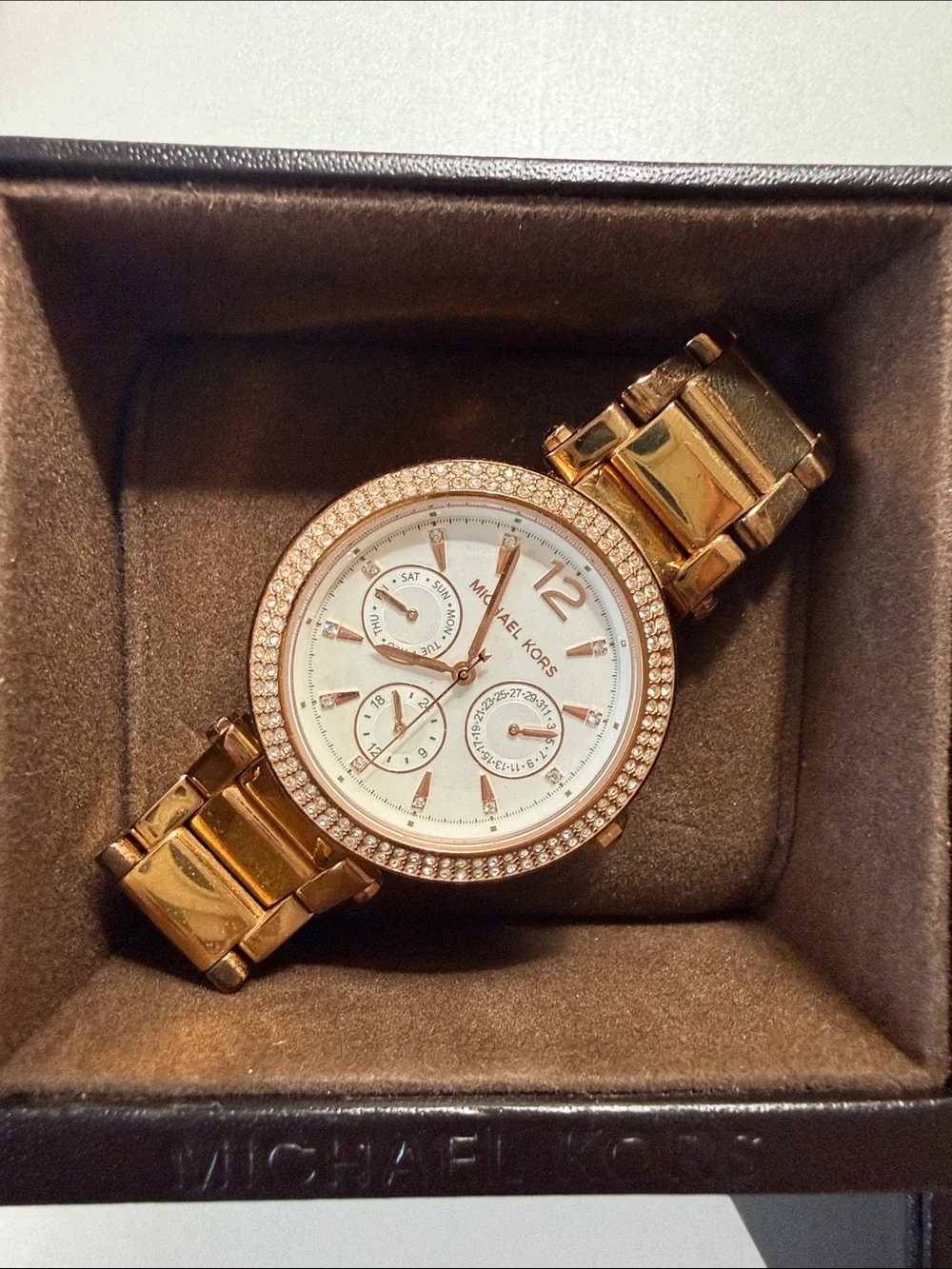 Michael Kors Rose Gold Tone Crystal-Trim Women's Watch with White Dial