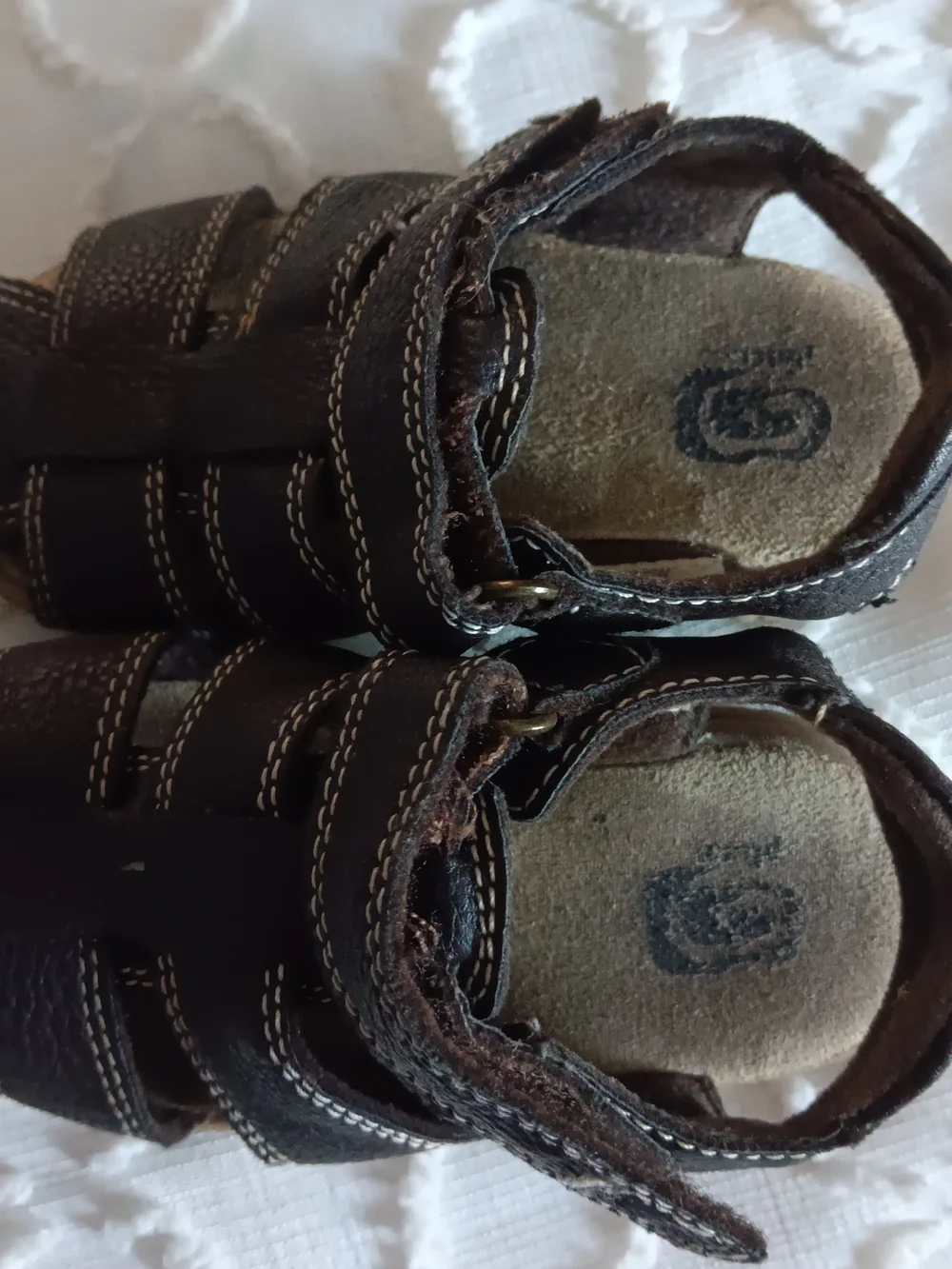 Kids Dark Brown Leather Sandals with White Stitching