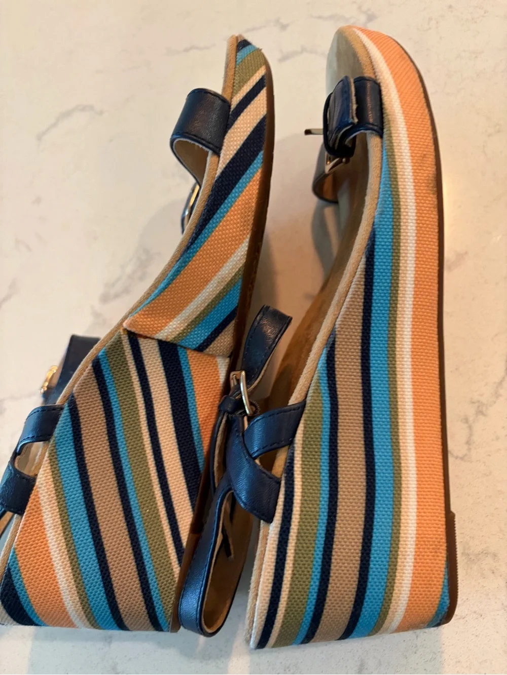 Vionic Orthoheel Striped Canvas Platform Wedges in Navy, Peach & Teal