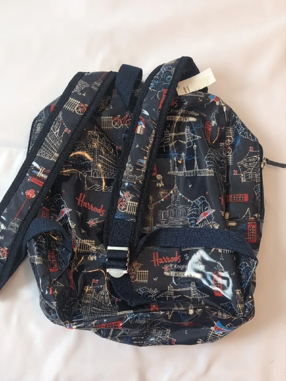 Harrods Navy Backpack with Red and Cream London Print