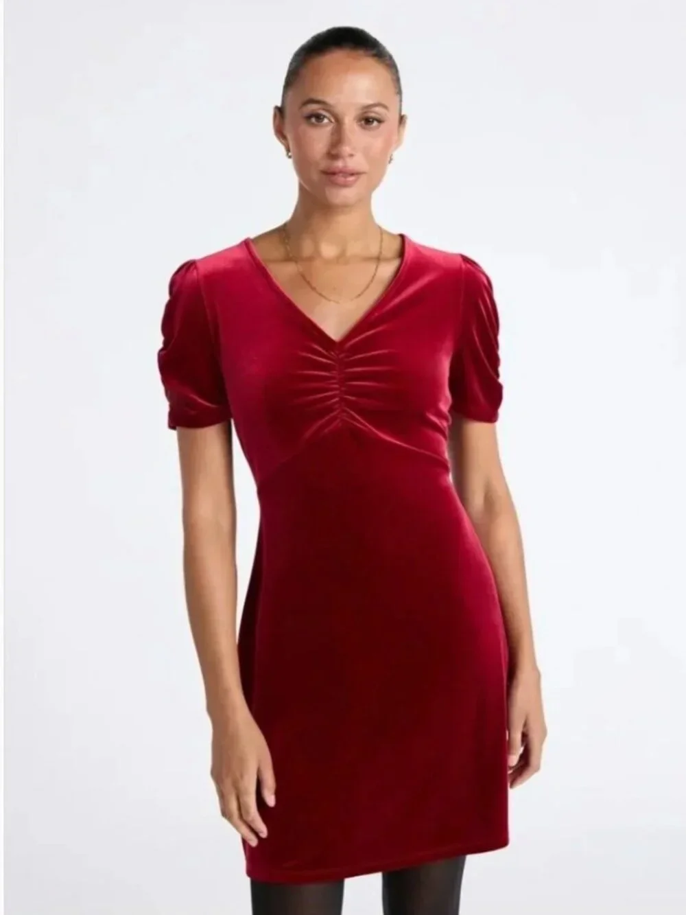 Time and Tru Womens Size Medium 8-10 V-Neck Puff Sleeve Velvet Velour Mini Dress