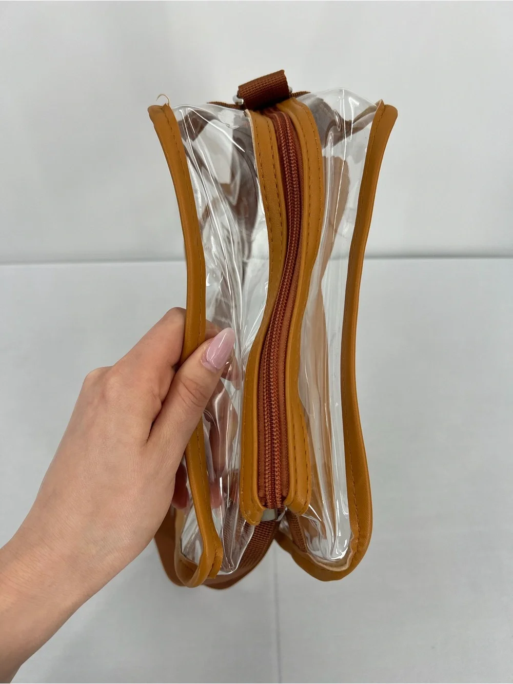 Clear pvc Crossbody Stadium Approved Travel concert game day Makeup Bag Brown
