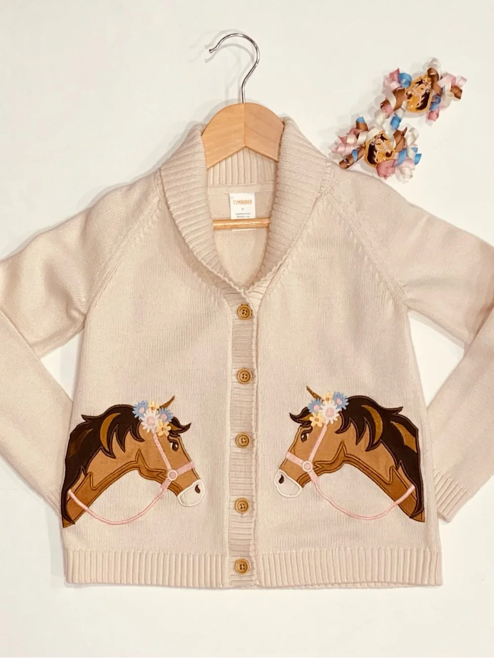 Gymboree Girls ‘Country Charm’ Off-White Horse Cardigan and Hair Clips Size 6