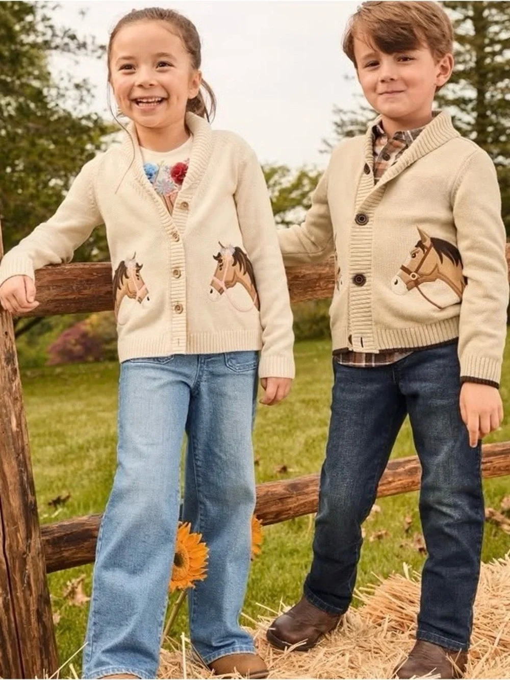 Gymboree Girls ‘Country Charm’ Off-White Horse Cardigan and Hair Clips Size 6