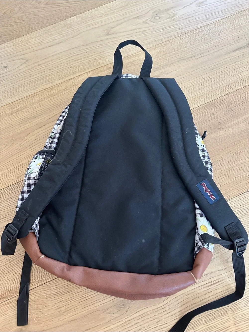 Jansport Black & White Gingham Daisy Backpack with Brown Base