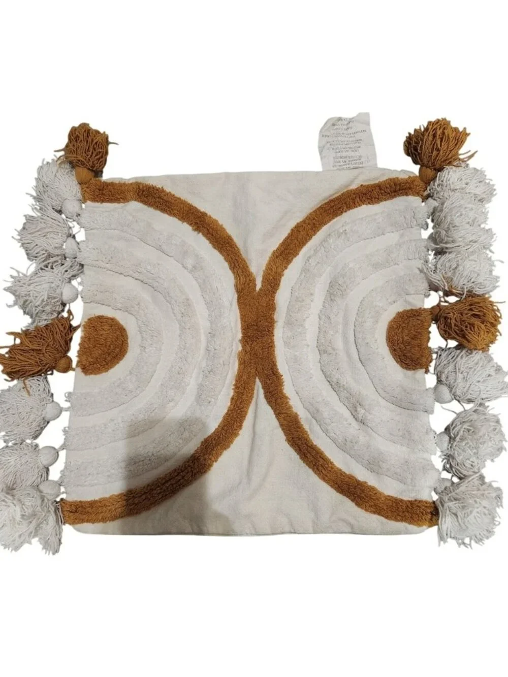 Boho Textured Throw Pillow White Gold‎ Geometric Tassel Accent 18x18 Inch