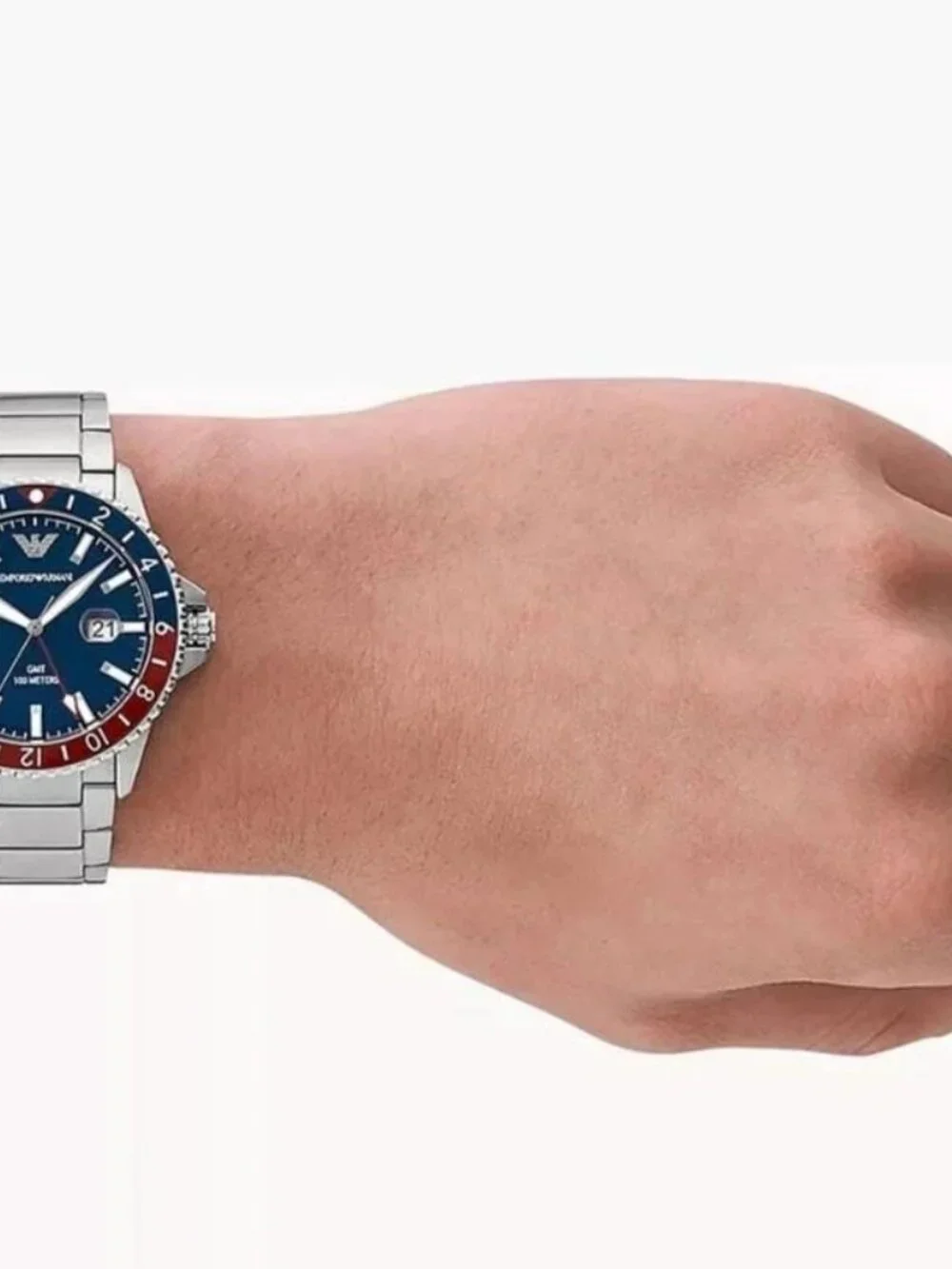 Emporio Armani AR11590 Mens GMT Watch Blue Red Bezel Stainless Steel Bracelet