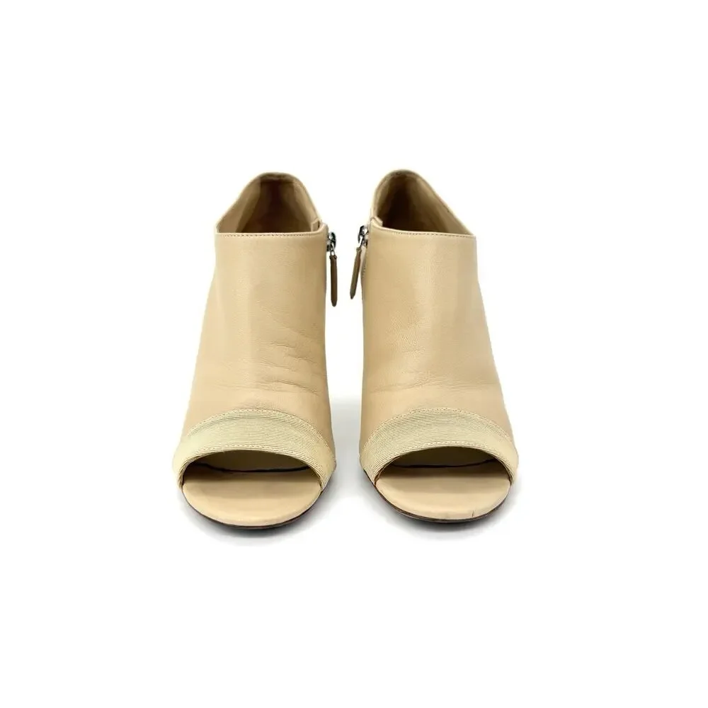 Chanel Peep Toe Bootie EU 39 US 9 Beige Nude Leather with Faux Pearl Embellish