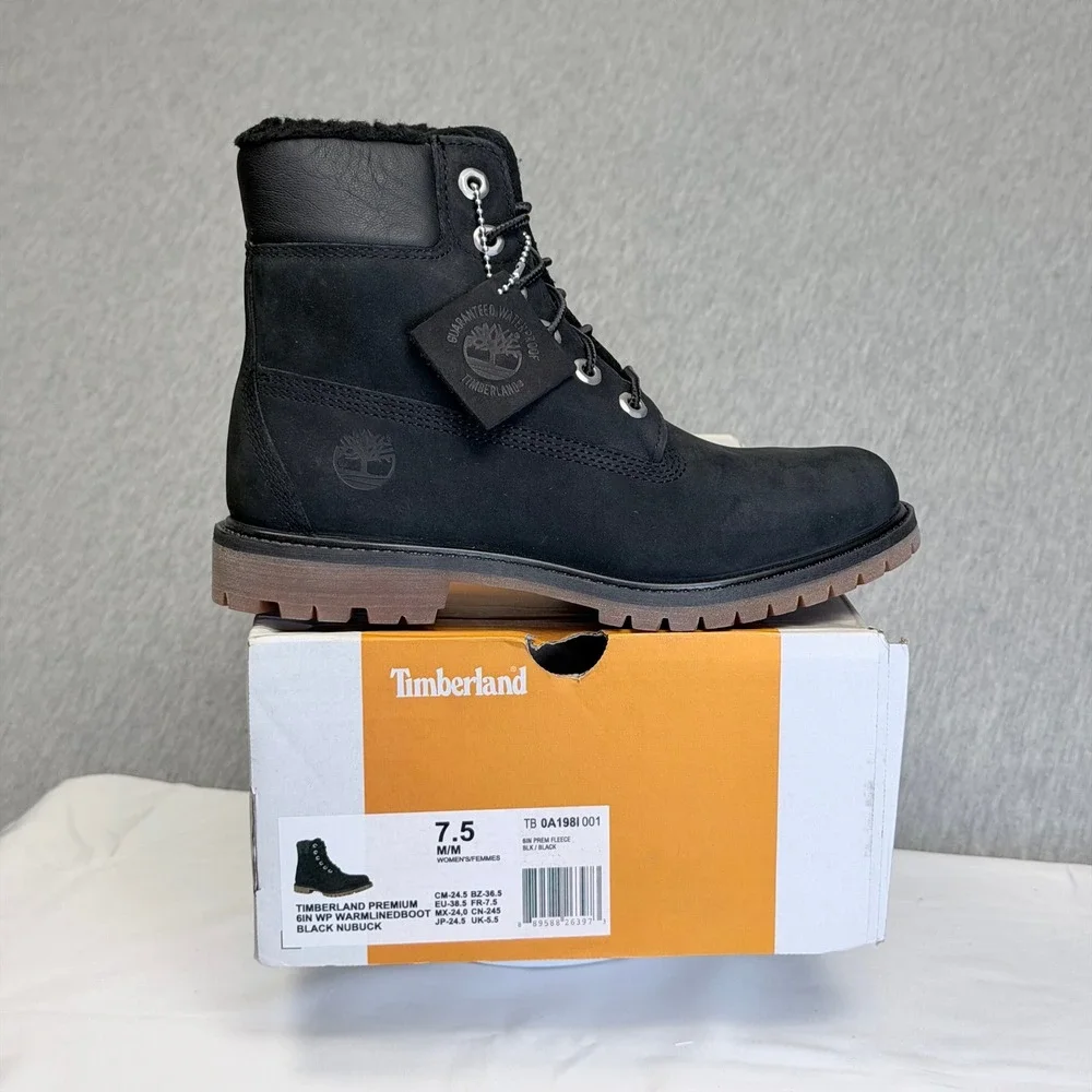 Timberland Premium 6in WP Warm-Lined Boot Black Nubuck Fleece A198I Womens 7.5