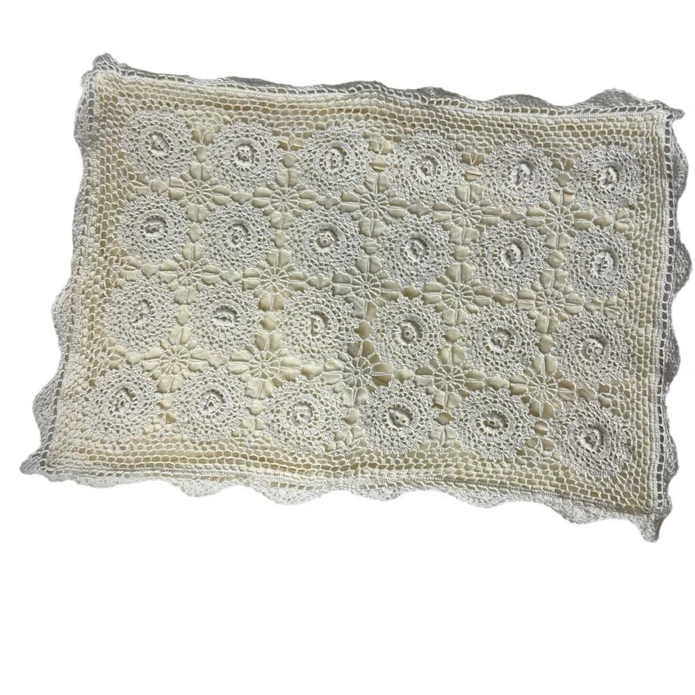 Vtg Crochet Linen Lace Standard Pillow Sham Beige Tan Shabby Cottagecore Chic