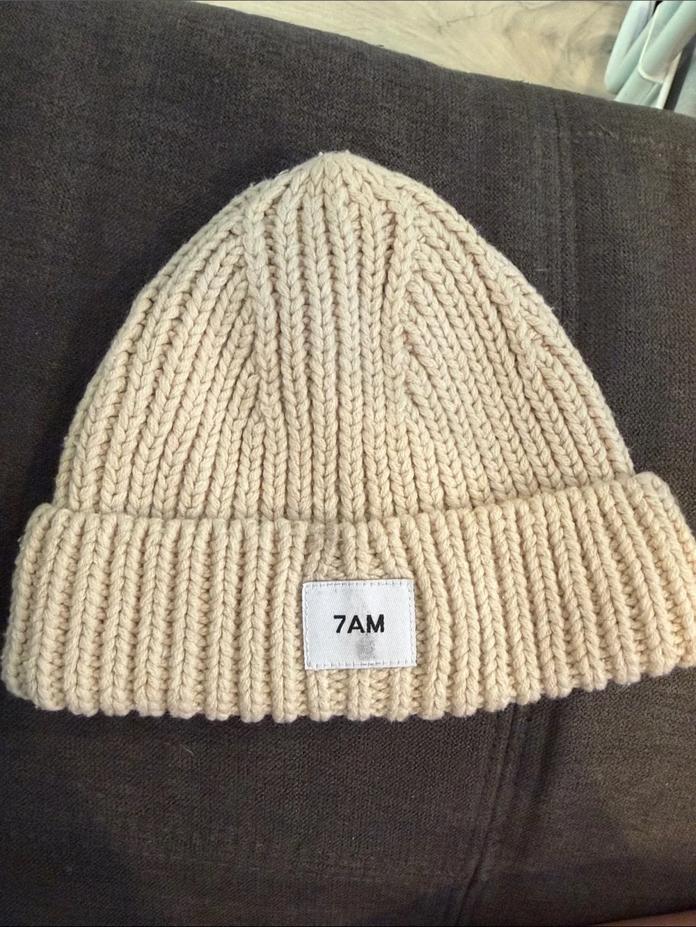 7AM Cream Ribbed Knit Beanie