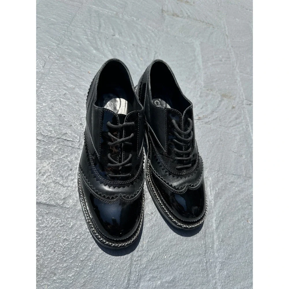 Chanel Black Leather Patent Chain Trim Wingtip Oxford Shoes womens 38.5