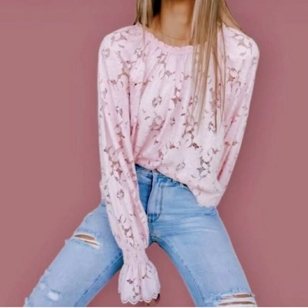 NWT Free People Pink Olivia Lace Tee Blouse