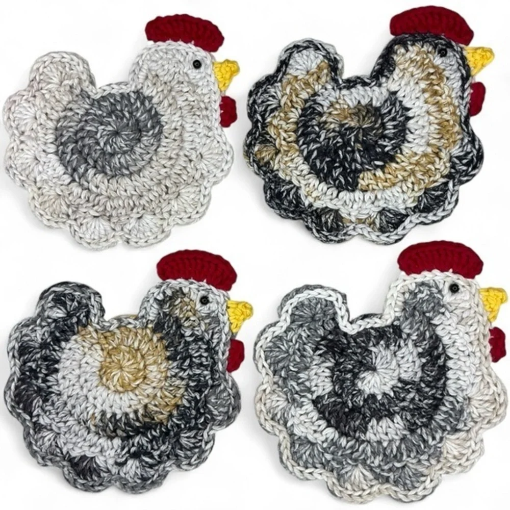Chicken Cup Mug Coasters Set of‎ 4 Handcrafted Crochet by Seller Cotton