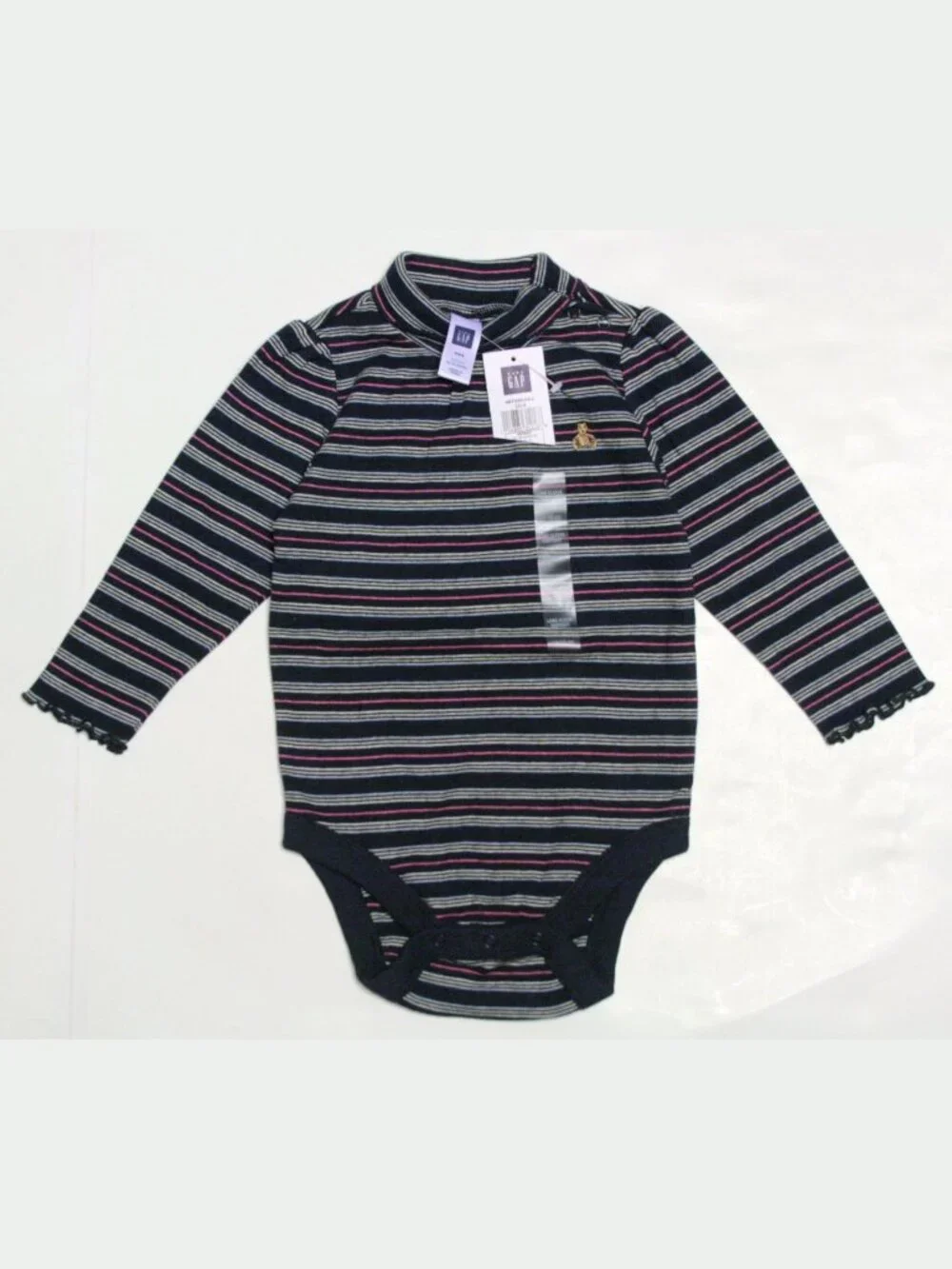 NWT Baby Gap Striped Long-Sleeved Girl One Piece NAVY 100% Cotton Bear Logo