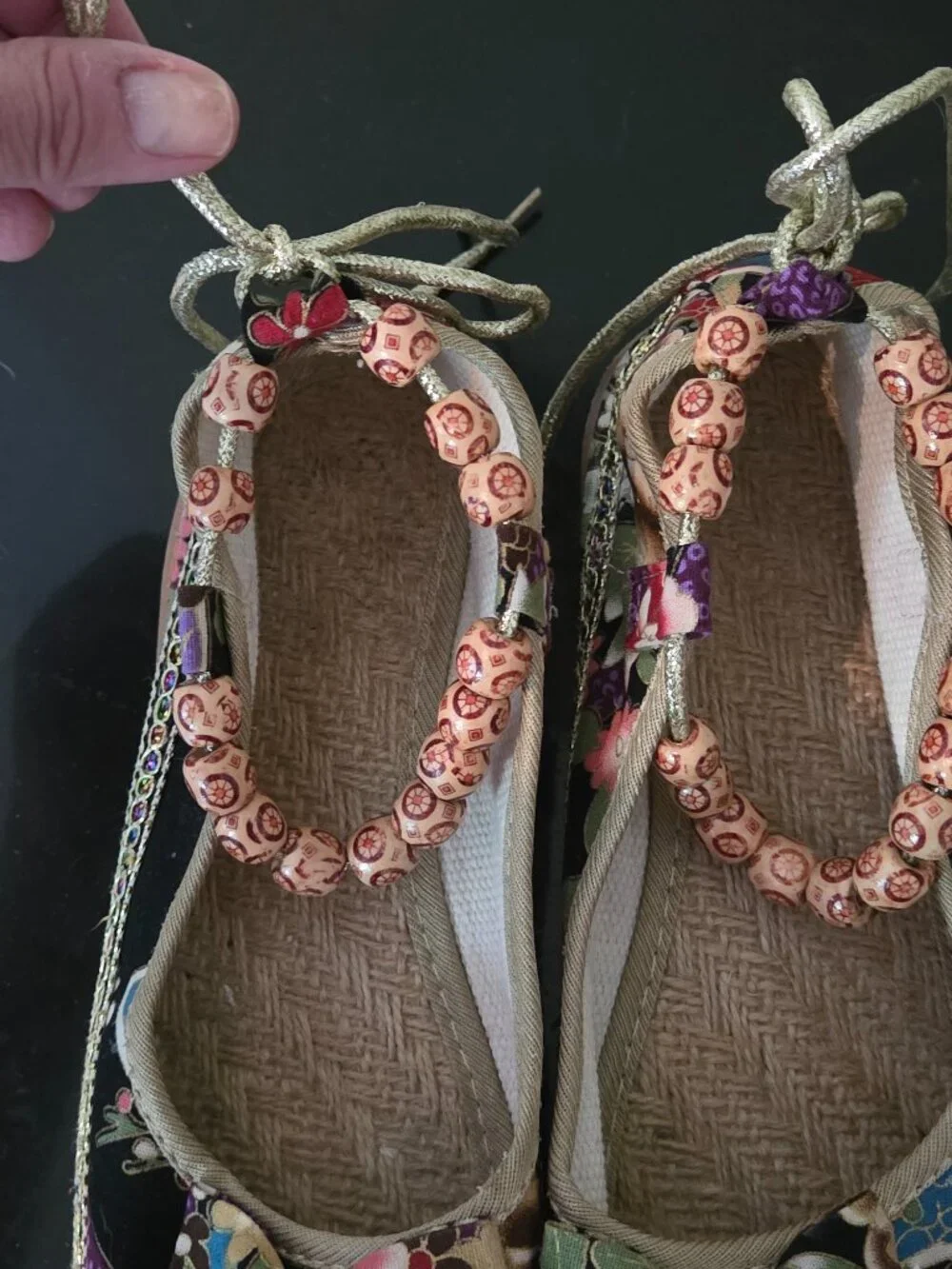 Wonderful ladies colorful beaded espadrille shoes with gold ankle ties