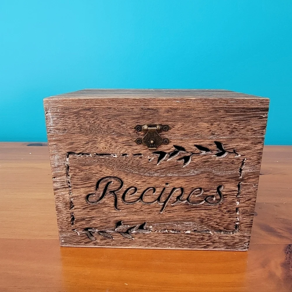 Rustic Hinged Wooden Recipe Box Folk Art Cutout Farmhouse
