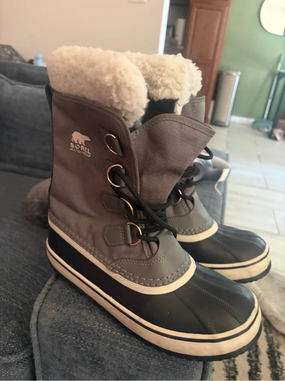 Sorel Gray, Black and Cream Women's Winter Lace-Up Boots